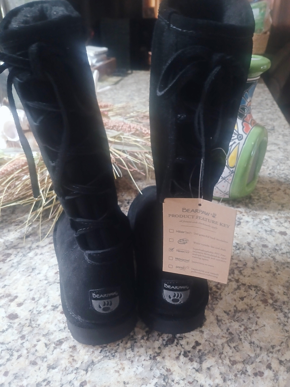 BearPaw Black Tall Lace-Up Suede Boots with Back Tie